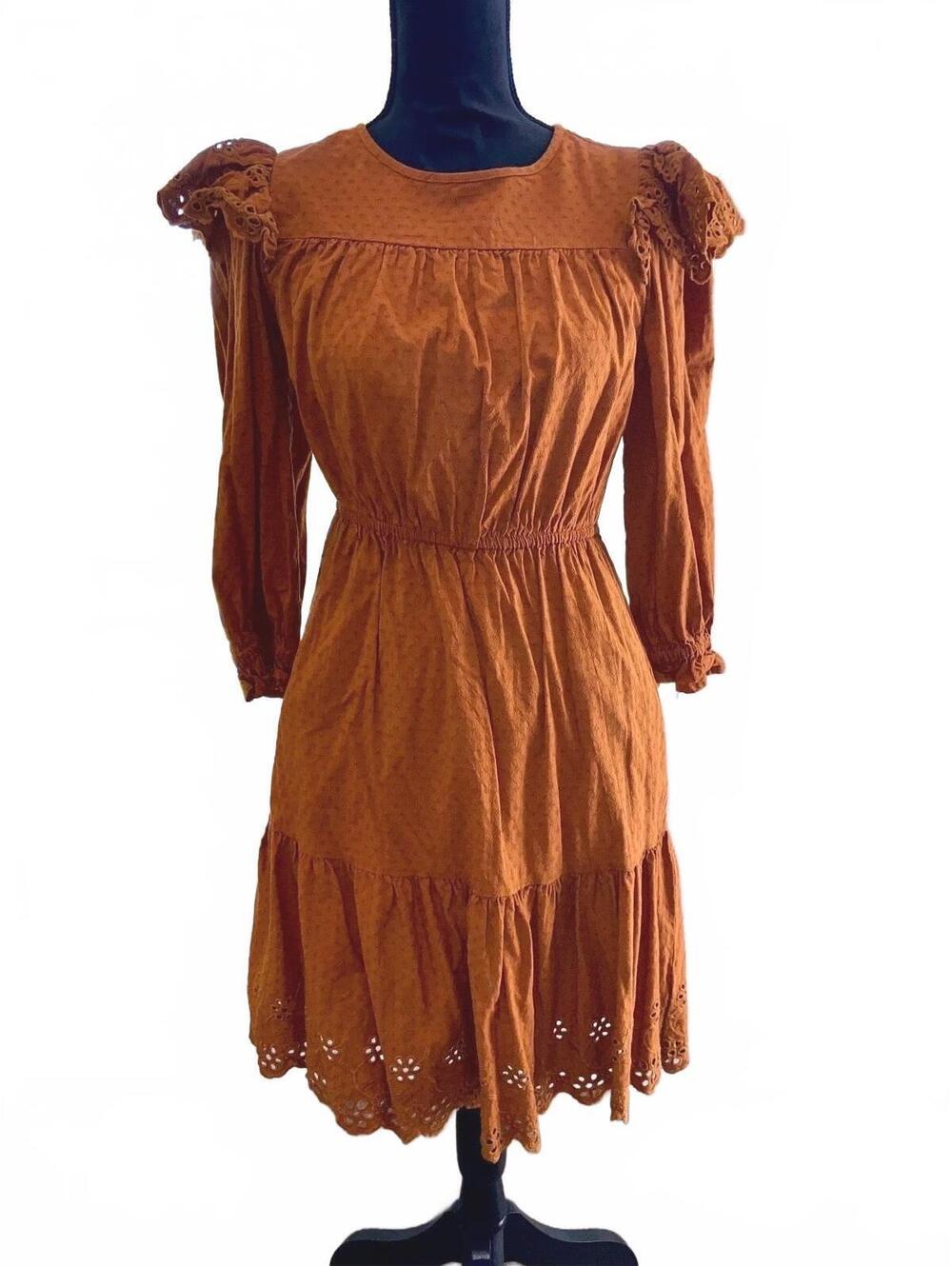 Rust Orange Long Sleeve Ruffle Hem Dress with Eyelet Details